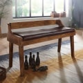 Miniatyrbillede 2 af 7: Rootz bænk ægte læder - massivt træ bænk 108x63x43 cm - Polstret bænk med ryglæn Bænk entre soveværelse brun - Lille læder sengebænk