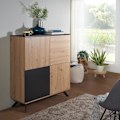 Miniatyrbillede 5 af 7: Rootz highboard 110x125x40 cm MDF skænk i egetræsindretning - sort - kommode med 4 låger - Kommode skab hall skab moderne - Fritstående skænk med meta