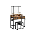 Miniatyrbillede 2 af 7: Rootz Vintage brun-sort sminkebordssæt - Sminkebord - Makeupbord - Spånplade og stålkonstruktion - Glasbordplade - Skammel af kunstlæder - Skumpude -