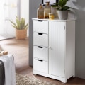 Miniatyrbillede 2 af 4: Rootz Design badeværelsesskab landlig MDF træ 65 x 83 x 30 cm hvid - Lille badeværelsesskab 4 skuffer & 1 låge - Sideskab Multifunktionsskab