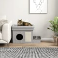 Miniatyrbillede 2 af 5: Rootz Cat House - Foderplads - 2 skåle i rustfrit stål - Ridsemåtte - Blød liggestolspude - Grå - 78 x 48 x 49,5 cm