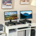 Miniatyrbild 10 av 10: Rootz Monitor Stativ - 3 hyllor - Längd Vinkel Justerbar - Dubbelskärm Stativ - Trähylla - Bildskärmshållare för dator - Svart - 80-117 x 23,5 x 10 cm