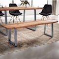Miniatyrbillede 1 af 6: Rootz moderne design spisestuebænk - massiv træbænk - trækantssæde - trapezformede metalben - håndlavet - akacietræ - 180 cm x 40 cm x 45,5 cm
