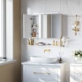 Miniatyrbillede 7 af 7: Rootz Spejlskab - Badeværelsesskab - Vægspejlskab - Spejlskab Med Belysning - Badeværelses Opbevaringsskab - Spånplade/Stål/Glas - Hvid-Guld - 70 x 14