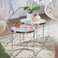 Miniatyrbillede 6 af 7: Rootz design sidebord rundt Ø 50-42 cm - 2 stk hvid sølv med glasplade - Stuebord sæt af 2 - Nesting bord mælkeglas - sofabord