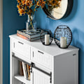 Miniatyrbillede 6 af 9: Rootz Moderne køkkenskab - Skænk med skydedør - Kommode - Buffet - Justerbare hylder - Elegant sort/hvidt design - Nem montering - 80 cm x 35 cm x 93