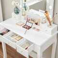 Miniatyrbillede 9 af 9: Rootz Toiletbordssæt - Make-upbord - Taburet - Spejl - Belysning - Opbevaringsboks - 6 rum - 5 skuffer - Hvid - Forarbejdet træ - 80 x 40 x 139 cm