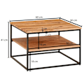 Miniatyrbillede 4 af 7: Rootz sofabord 60x60x41 cm massivt træ metal sofabord stuebord akacie - Industrielt værelsesbord med opbevaringsplads - Firkantet træbord, massivt sof