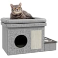 Miniatyrbillede 1 af 5: Rootz Cat House - Foderplads - 2 skåle i rustfrit stål - Ridsemåtte - Blød liggestolspude - Grå - 78 x 48 x 49,5 cm