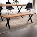 Miniatyrbillede 1 af 6: Rootz moderne spisestuebænk - sæde i massivt træ - design af trækant - metal x ben - håndlavet - 160 cm x 40 cm x 45,5 cm - gyldenbrun