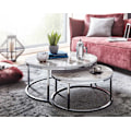 Miniatyrbild 4 av 7: Rootz soffbordsset om 2 soffbord i vit silvermarmorlook runt modernt - Sidobord 2-delat metall - Runda vardagsrumsbord - Designa häckbord