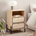 Miniatyrbillede 2 af 7: Rootz Modern Sengebord - Natbord - Endebord - Metal og træ - 43 cm x 60 cm x 30 cm - Håndlavet - Unikt design - Skuffe og rum - Lysebrun og sort - 5 k