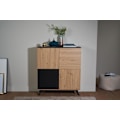 Miniatyrbillede 3 af 7: Rootz highboard 110x125x40 cm MDF skænk i egetræsindretning - sort - kommode med 4 låger - Kommode skab hall skab moderne - Fritstående skænk med meta