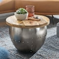 Miniatyrbillede 2 af 7: Rootz sofabord Mango massivt træ - metal 60x43x60 cm industriel stil rundt - Design stuebord med opbevaringsplads - Moderne loungebord sofabord sølv