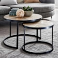 Miniatyrbild 6 av 7: Rootz design soffbordsset med 2 st mango massivt trä häckbord runda - Soffbord med metallben brunt - Bordsunderlägg 2-delat häckbord i trä - metall sv