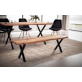 Miniatyrbillede 2 af 6: Rootz moderne spisestuebænk - sæde i massivt træ - design af trækant - metal x ben - håndlavet - 160 cm x 40 cm x 45,5 cm - gyldenbrun