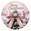 Rund julebrikke i lin med rysjer, trykt feriebrikke til hjemmeservering og juledekorasjon Pink bow snowflake