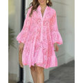 Miniatyrbilde 1 av 5: Sommer Elegant Retro Blondekjole V-hals Løs Hul Sexy Kjole Pink XL
