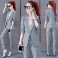 Miniatyrbild 2 av 4: Rutig Kostym Tvådelat Set Dam Höstmode Koreansk Slim Blazer Jacka Och Byxdress Kontorsdam grey S 45-50kg