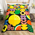 Miniatyrbild 1 av 5: Gult Citron Kung Drottning Påslakan Tecknade Frukter Akvarell Sängkläder Set Färgglada Körsbärsblad Geometri Polyester Täcke