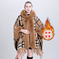 Miniatyrbild 4 av 5: Höst- och vintertrendig cape sjal plus sammet förtjockad pälskrage rutig huva tofs stickad sjal cape New plaid plus velvet 80-100cm