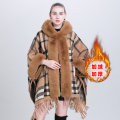 Miniatyrbillede 4 af 5: Moderigtig kappe-sjal til efterår og vinter plus fløjl fortykket pels krave plaid hætte kvast strikket sjal kappe Camel plaid plus velvet 80-100cm