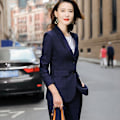 Miniatyrbild 2 av 5: Rutiga Kostymer Dam Hög Eed Formell Intervju Business Slim Blazer Och Byxor Kontorsdamer Mode Arbetskläder Navy coat and pants 4XL