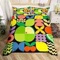 Miniatyrbild 2 av 5: Gult Citron Kung Drottning Påslakan Tecknade Frukter Akvarell Sängkläder Set Färgglada Körsbärsblad Geometri Polyester Täcke