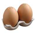 Miniatyrbillede 1 af 5: Keramisk salt- og pebersæt, Mini brune æggeformede dryssere med holder i kartondesign