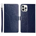 Miniatyrbilde 1 av 5: Kompatibel for iPhone 14 Pro Max 6.7 tommer Mobiltelefondeksel Fullstendig Omsluttet PU-Lær Y-Formede Linjer Preging Lommebok Stativ Telefon C Blue