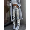 Miniatyrbillede 5 af 5: Vintage overalls cargo bukser kvinder efterår 2022 nye street high waist sølv PU læder bukser kvinders mode trend baggy bukser L