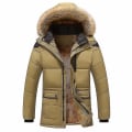 Miniatyrbild 2 av 3: Vinterförtjockad Varm Parkas Herr Fleece Hooded Herr Vinterjacka Kappa Arbetskläder Jacka Sammetskappa Khaki XL