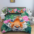 Miniatyrbilde 1 av 5: Tiger Blomster King Queen Dynetrekk Dyr Blomster Sengetøy Sett For Barn Tenåring Voksen Jungel Grønne Planter Dyreliv Mykt Dynetrekk