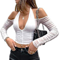 Miniatyrbild 1 av 5: Haltertopp för dam, långärmad crop top Y2k djup V-ringad t-shirt, L