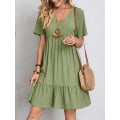 Miniatyrbillede 1 af 5: Dame Vintage Mini Kjole Sommer Mode Ensfarvet V-hals Løs Slips Kjole EA04632-Green M