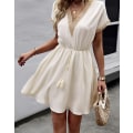 Miniatyrbillede 1 af 5: Dame Vintage Mini Kjole Sommer Mode Ensfarvet V-Hals Løs Slips Kjole Apricot 2XL