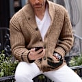 Miniatyrbild 1 av 2: Långärmad cardigan för män, slim fit, varm vinterjacka med öppen front Khaki M