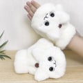 Miniatyrbilde 1 av 5: Plysj Bjørnepels Strikkede Hansker Hånd Flip Halv Finger Kjørehansker Vinter Myke Varme Tykke Hansker Jenter White Rabbit Gloves