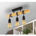 Miniatyrbild 2 av 5: Taklampa, Vintage 3-flammig Taklampa I Industriell Design, Retro Hänglampa I Stål Och Trä, Färg: Svart, Brun, Sockel: E27