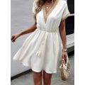 Miniatyrbillede 1 af 5: Dame Vintage Mini Kjole Sommer Mode Ensfarvet V-Hals Løs Slips Kjole White M