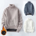 Miniatyrbild 1 av 5: Tjockstickade herrtröjor med sammetsfoder, vintervarma kläder, topp med hög krage, enfärgad, lös, flexibel pullover för män White XL