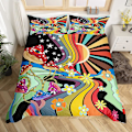 Pikkukuva 1 / 5: Boho Sieni King Queen Pussilakanasetti Hippie Sateenkaari Vuodevaatesetti Groovy Kukka Peittopäällinen Sarjakuva Tähti Polyesteri Peittopäällinen