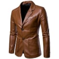 Miniatyrbild 1 av 2: Höst- och vinter herr Slim Fit All-match Pu Liten Kostym Herr Revers Läderjacka Herrjacka 4 Färger Khaki XXXL