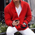 Miniatyrbild 1 av 2: Långärmad cardigan för män, slim fit, varm vinterjacka med öppen front Red M