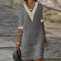 Miniatyrbillede 1 af 5: Dame Vintage Mini Kjole Sommer Mode Ensfarvet V-hals Løs Slips Kjole EA06132-Grey S