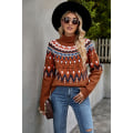 Miniatyrbillede 1 af 3: 2023 vinter ny Amazon cross-border damebeklædning retro stribet syning kontrast sweater turtleneck løs sweater rust red XL