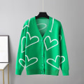Miniatyrbillede 2 af 5: Cardigan til kvinder Hjerte Strikket Knap Dame Cardigans Sweaters V-hals Løs Casual Efterår Vinter 2022 Strikket Frakke Mode Top