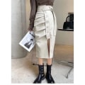 Miniatyrbilde 4 av 5: Ekte Skinnskjørt Saueskinn Dame 2023 Ny Stil Splitt Høy Midje Slim Wrap Hofte Medium Lengde Halv Lengde Skjørt Mote Y2k Coffee XS