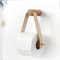 Miniatyrbillede 1 af 5: Toiletpapirholder til væg i træ og læder, rustik papirholder til toiletpapirruller til vægmontering, elegante og naturlige badeværelsestilbehør med selvklæbende