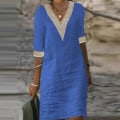 Miniatyrbillede 1 af 5: Dame Vintage Mini Kjole Sommer Mode Ensfarvet V-Hals Løs Bindekjole EA06132-Blue M